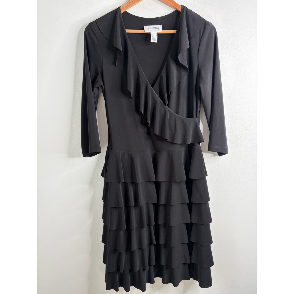 Joseph Ribkoff Black Ruffle Tiered Faux Wrap Cocktail Dress Womens 8 Evening